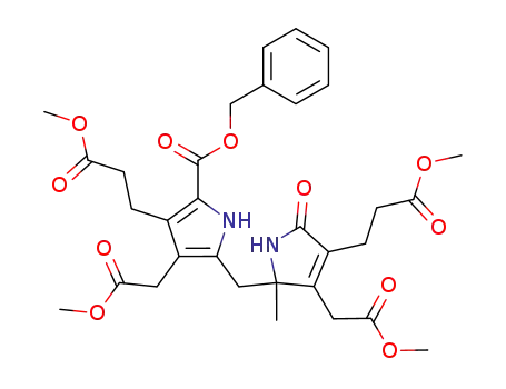 Molecular Structure of 114091-93-9 (1H-Pyrrole-3-propanoic acid,
2,5-dihydro-4-(2-methoxy-2-oxoethyl)-5-[[3-(2-methoxy-2-oxoethyl)-4-(3-
methoxy-3-oxopropyl)-5-[(phenylmethoxy)carbonyl]-1H-pyrrol-2-yl]methyl
]-5-methyl-2-oxo-, methyl ester)