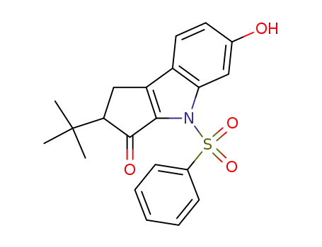 Molecular Structure of 192513-33-0 (Cyclopent[b]indol-3(2H)-one,
2-(1,1-dimethylethyl)-1,4-dihydro-6-hydroxy-4-(phenylsulfonyl)-)