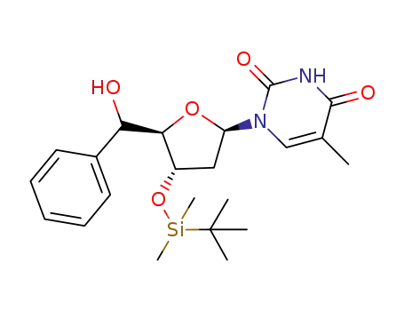 Molecular Structure of 197070-47-6 (1-[(2R,4S,5R)-4-(tert-Butyl-dimethyl-silanyloxy)-5-(hydroxy-phenyl-methyl)-tetrahydro-furan-2-yl]-5-methyl-1H-pyrimidine-2,4-dione)