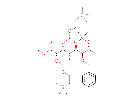 Molecular Structure of 194934-60-6 ((2S,3R,4R)-4-((4R,5R,6R)-5-Benzyloxy-2,2,6-trimethyl-[1,3]dioxan-4-yl)-2,3-bis-(2-trimethylsilanyl-ethoxymethoxy)-pentanoic acid methyl ester)