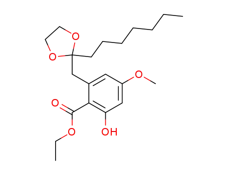 Molecular Structure of 184374-96-7 (Benzoic acid,
2-[(2-heptyl-1,3-dioxolan-2-yl)methyl]-6-hydroxy-4-methoxy-, ethyl ester)