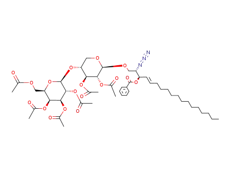 Molecular Structure of 197144-08-4 (Benzoic acid (E)-(R)-1-{(S)-1-azido-2-[(2R,3R,4S,5R)-3,4-diacetoxy-5-((2S,3R,4S,5S,6R)-3,4,5-triacetoxy-6-acetoxymethyl-tetrahydro-pyran-2-yloxy)-tetrahydro-pyran-2-yloxy]-ethyl}-hexadec-2-enyl ester)