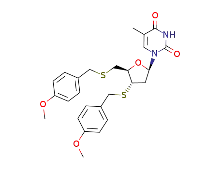 Molecular Structure of 183428-15-1 (1-[(2R,4S,5R)-4-(4-Methoxy-benzylsulfanyl)-5-(4-methoxy-benzylsulfanylmethyl)-tetrahydro-furan-2-yl]-5-methyl-1H-pyrimidine-2,4-dione)
