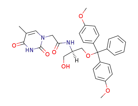 Molecular Structure of 179472-03-8 (N-{(R)-2-[Bis-(4-methoxy-phenyl)-phenyl-methoxy]-1-hydroxymethyl-ethyl}-2-(5-methyl-2,4-dioxo-3,4-dihydro-2H-pyrimidin-1-yl)-acetamide)