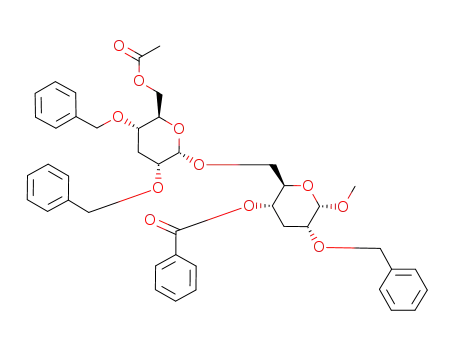 Molecular Structure of 178621-86-8 (Benzoic acid (2R,3S,5R,6S)-2-((2S,3R,5S,6R)-6-acetoxymethyl-3,5-bis-benzyloxy-tetrahydro-pyran-2-yloxymethyl)-5-benzyloxy-6-methoxy-tetrahydro-pyran-3-yl ester)