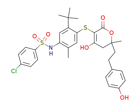 Molecular Structure of 263842-62-2 (N-[5-tert-butyl-4-({6-hydroxy-2-[2-(4-hydroxyphenyl)ethyl]-2-methyl-4-oxo-3,4-dihydro-2H-pyran-5-yl}sulfanyl)-2-methylphenyl]-4-chlorobenzenesulfonamide)