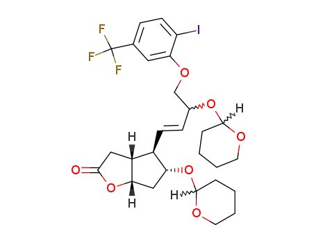 Molecular Structure of 337529-28-9 ((3aR,4R,5R,6aS)-4-[(E)-4-(2-Iodo-5-trifluoromethyl-phenoxy)-3-(tetrahydro-pyran-2-yloxy)-but-1-enyl]-5-(tetrahydro-pyran-2-yloxy)-hexahydro-cyclopenta[b]furan-2-one)