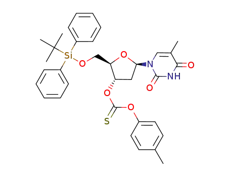Molecular Structure of 153475-20-8 (thiocarbonic acid <i>O</i>-[2-(<i>tert</i>-butyl-diphenyl-silanyloxymethyl)-5-(5-methyl-2,4-dioxo-3,4-dihydro-2<i>H</i>-pyrimidin-1-yl)-tetrahydro-furan-3-yl] ester <i>O</i>-<i>p</i>-tolyl ester)
