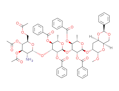 methyl (3,4,6-tri-O-acetyl-2-amino-2-deoxy-α-D-glucopyranosyl)-(1->3)-(2,4-di-O-benzoyl-α-L-rhamnopyranosyl)-(1->3)-(2,4-di-O-benzoyl-α-L-rhamnopyranosyl)-(1->2)-4,6-O-benzylidene-3-deoxy-α-D-xylo-hexopyranoside
