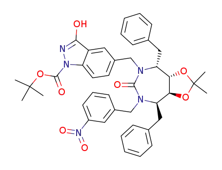 Molecular Structure of 256345-54-7 (5-[(3aS,4R,8R,8aS)-4,8-Dibenzyl-2,2-dimethyl-7-(3-nitro-benzyl)-6-oxo-hexahydro-1,3-dioxa-5,7-diaza-azulen-5-ylmethyl]-3-hydroxy-indazole-1-carboxylic acid tert-butyl ester)