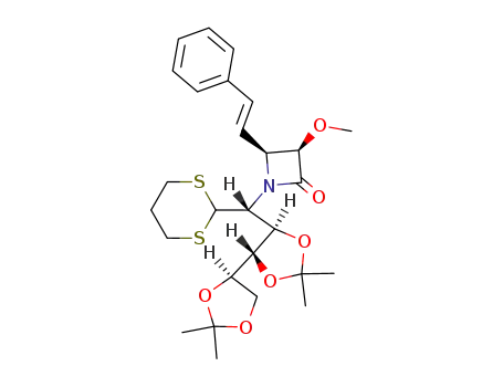 Molecular Structure of 132075-32-2 (1<(1',2'-dideoxy-3',4';5',6'-di-O-isopropylidene-1'(1,3-propanedithio))-D-2'-glucosyl>-3α-methoxy-4α-styryl-2-azetidinone)