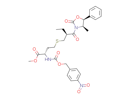 Molecular Structure of 219507-00-3 ((S)-4-[(S)-2-((4R,5S)-4-Methyl-2-oxo-5-phenyl-oxazolidine-3-carbonyl)-butylsulfanyl]-2-(4-nitro-benzyloxycarbonylamino)-butyric acid methyl ester)