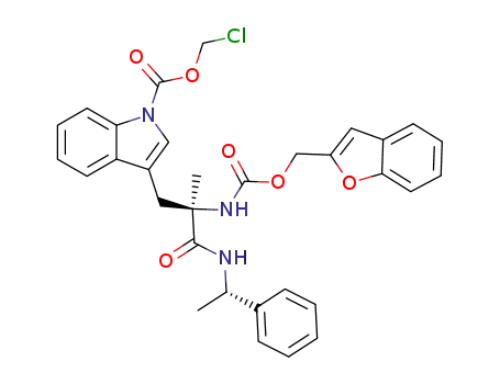 Molecular Structure of 247017-85-2 (3-[(R)-2-(Benzofuran-2-ylmethoxycarbonylamino)-2-((S)-1-phenyl-ethylcarbamoyl)-propyl]-indole-1-carboxylic acid chloromethyl ester)