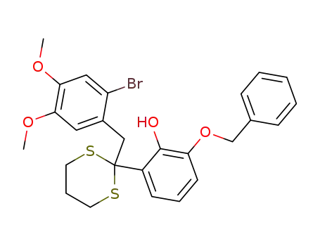 Molecular Structure of 179184-45-3 (2-[3-(benzyloxy)-2-hydroxyphenyl]-2-(2-bromo-4,5-dimethoxybenzyl)-1,3-dithiane)