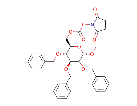 Molecular Structure of 228873-47-0 (Carbonic acid 2,5-dioxo-pyrrolidin-1-yl ester (2R,3R,4S,5R,6S)-3,4,5-tris-benzyloxy-6-methoxy-tetrahydro-pyran-2-ylmethyl ester)