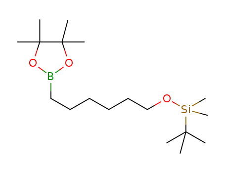 Molecular Structure of 863208-10-0 (tert-butyldimethyl ((6-(4,4,5,5-tetramethyl-1,3,2-dioxaborolan-2-yl)hexyl)oxy)silane)