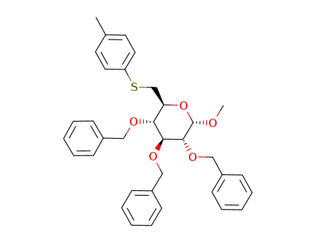 Molecular Structure of 126360-02-9 (methyl 6-deoxy-6-(p-tolylthio)-2,3,4-tri-O-benzyl-α-D-glucopyranoside)
