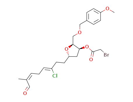Molecular Structure of 516457-30-0 (Bromo-acetic acid (2S,3S,5S)-5-((3Z,6Z)-3-chloro-7-methyl-8-oxo-octa-3,6-dienyl)-2-(4-methoxy-benzyloxymethyl)-tetrahydro-furan-3-yl ester)