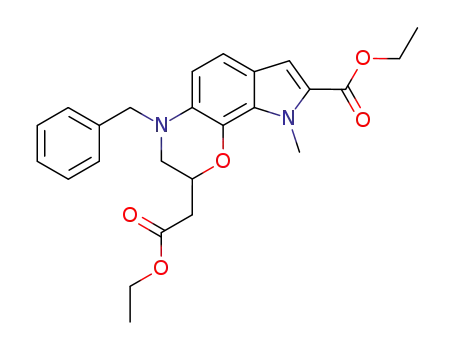Molecular Structure of 462117-35-7 (ethyl 4-benzyl-2-[(ethoxycarbonyl)methyl]-9-methyl-2,3,4,9-tetrahydro[1,4]oxazino[3,2-g]indole-8-carboxylate)