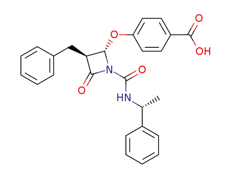 Molecular Structure of 256409-65-1 (4-[(2S,3S)-3-Benzyl-4-oxo-1-((R)-1-phenyl-ethylcarbamoyl)-azetidin-2-yloxy]-benzoic acid)