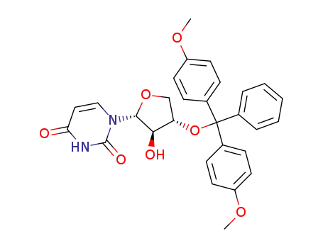 Molecular Structure of 325683-90-7 (2,4(1H,3H)-Pyrimidinedione, 1-[(2R,3R,4S)-4-[bis(4-methoxyphenyl)phenylmethoxy]tetrahydro-3-hydr oxy-2-furanyl]-)