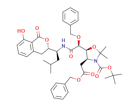 Molecular Structure of 365449-64-5 ((4S,5S)-4-Benzyloxycarbonylmethyl-5-{(S)-benzyloxy-[(S)-1-((S)-8-hydroxy-1-oxo-isochroman-3-yl)-3-methyl-butylcarbamoyl]-methyl}-2,2-dimethyl-oxazolidine-3-carboxylic acid tert-butyl ester)