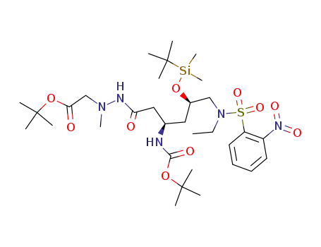Molecular Structure of 551964-24-0 ((<i>N</i>'-{3-<i>tert</i>-butoxycarbonylamino-5-(<i>tert</i>-butyl-dimethyl-silanyloxy)-6-[ethyl-(2-nitro-benzenesulfonyl)-amino]-hexanoyl}-<i>N</i>-methyl-hydrazino)-acetic acid <i>tert</i>-butyl ester)