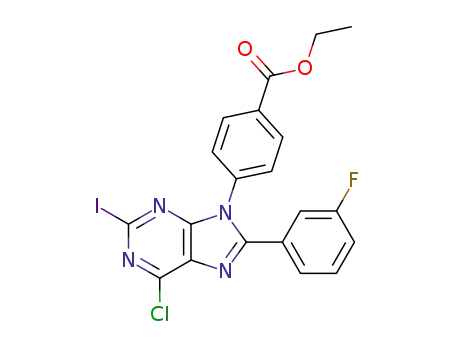 Molecular Structure of 391249-38-0 (Benzoic acid, 4-[6-chloro-8-(3-fluorophenyl)-2-iodo-9H-purin-9-yl]-, ethyl
ester)