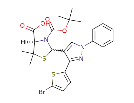 Molecular Structure of 612500-41-1 ((2RS,4R)-2-[3-(5-bromo-2-thienyl)-1-phenyl-1H-pyrazol-4-yl]-3-(tert-butyloxycarbonyl)-5,5-dimethylthiazolidine-4-carboxylic acid)