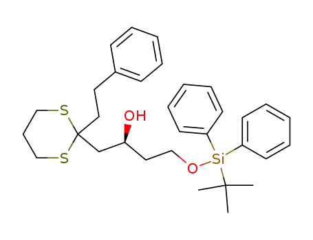 Molecular Structure of 485321-79-7 (4-(<i>tert</i>-butyl-diphenyl-silanyloxy)-1-(2-phenethyl-[1,3]dithian-2-yl)-butan-2-ol)