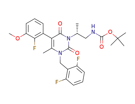 Molecular Structure of 675606-03-8 (Carbamic acid,
[(2R)-2-[3-[(2,6-difluorophenyl)methyl]-5-(2-fluoro-3-methoxyphenyl)-3,6-
dihydro-4-methyl-2,6-dioxo-1(2H)-pyrimidinyl]propyl]-, 1,1-dimethylethyl
ester)
