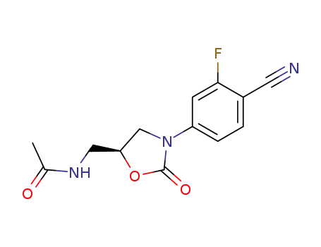 Molecular Structure of 220010-58-2 (Acetamide,
N-[[(5S)-3-(4-cyano-3-fluorophenyl)-2-oxo-5-oxazolidinyl]methyl]-)