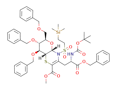 Molecular Structure of 630128-07-3 ((4aS,6R,7R,8S,8aR)-7,8-Bis-benzyloxy-3-((S)-2-benzyloxycarbonyl-2-tert-butoxycarbonylamino-ethyl)-6-benzyloxymethyl-4-(2-trimethylsilanyl-ethanesulfonyl)-4,4a,6,7,8,8a-hexahydro-5-oxa-1-thia-4-aza-naphthalene-2-carboxylic acid methyl ester)