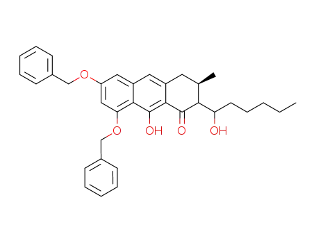Molecular Structure of 849692-99-5 (6,8-bis-benzyloxy-9-hydroxy-2-(1-hydroxy-hexyl)-3-methyl-3,4-dihydro-2<i>H</i>-anthracen-1-one)