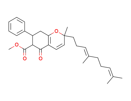 Molecular Structure of 705931-14-2 (2-methyl-2-(4,8-dimethyl-3E,7-nonadienyl)-5-oxo-7-phenyl-5,6,7,8-tetrahydro-2H-chromene-6-carboxylic acid methyl ester)