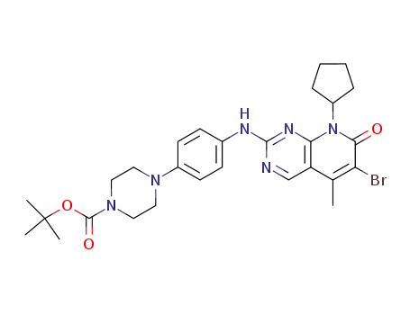 Molecular Structure of 362656-71-1 (4-[4-(6-bromo-8-cyclopentyl-5-methyl-7-oxo-7,8-dihydropyrido[2,3-d]pyrimidin-2-ylamino)phenyl]-piperazine-1-carboxylic acid tert-butyl ester)