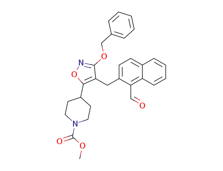 Molecular Structure of 841259-82-3 (1-Piperidinecarboxylic acid,
4-[4-[(1-formyl-2-naphthalenyl)methyl]-3-(phenylmethoxy)-5-isoxazolyl]-,
methyl ester)