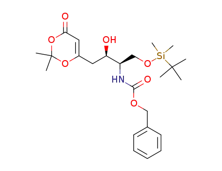 Molecular Structure of 823235-91-2 (Carbamic acid,
[(1R,2R)-1-[[[(1,1-dimethylethyl)dimethylsilyl]oxy]methyl]-3-(2,2-dimethyl-
4-oxo-4H-1,3-dioxin-6-yl)-2-hydroxypropyl]-, phenylmethyl ester)