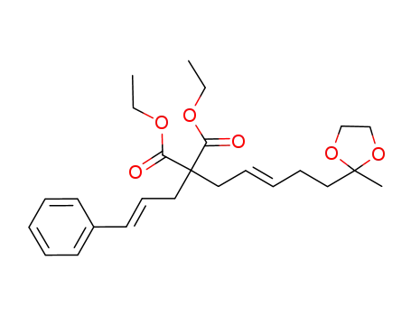 Molecular Structure of 930573-22-1 (2-[5-(2-methyl-[1,3]dioxolan-2-yl)-pent-2-enyl]-2-(3-phenyl-allyl)-malonic acid diethyl ester)