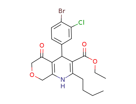 Molecular Structure of 927670-47-1 (4-(4-bromo-3-chloro-phenyl)-2-butyl-5-oxo-4,5,6,8-tetrahydro-1<i>H</i>-pyrano[3,4-<i>b</i>]pyridine-3-carboxylic acid ethyl ester)