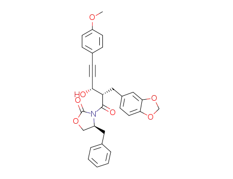 Molecular Structure of 647029-27-4 (2-Oxazolidinone,
3-[(2S,3S)-2-(1,3-benzodioxol-5-ylmethyl)-3-hydroxy-5-(4-methoxyphen
yl)-1-oxo-4-pentynyl]-4-(phenylmethyl)-, (4S)-)