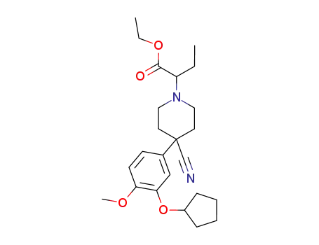 Molecular Structure of 401518-25-0 (ethyl 2-{4-cyano-4-[3-(cyclopentyloxy)-4-methoxyphenyl]piperidin-1-yl}butanate)