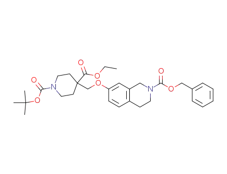 Molecular Structure of 247132-46-3 (benzyl 7-(1-tert-butoxycarbonyl-4-ethoxycarbonylpiperidin-4-ylmethoxy)-1,2,3,4-tetrahydroisoquinolin-2-carboxylate)