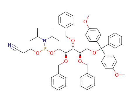 Molecular Structure of 909556-46-3 (2-cyanoethyl [2,3,4-tri-O-benzyl-5-O-(4,4'-dimethoxytrityl)-1-D-ribityl] N,N-diisopropylphosphoramidite)