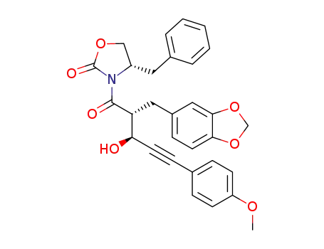 Molecular Structure of 647029-40-1 (2-Oxazolidinone,
3-[(2R,3S)-2-(1,3-benzodioxol-5-ylmethyl)-3-hydroxy-5-(4-methoxyphen
yl)-1-oxo-4-pentynyl]-4-(phenylmethyl)-, (4S)-)