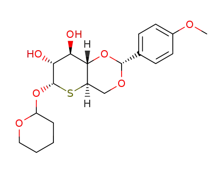 Molecular Structure of 865166-82-1 (tetrahydropyran-2-yl 4,6-O-(4-methoxyphenyl)methylidene-5-deoxy-5-thio-α-D-glucopyranoside)