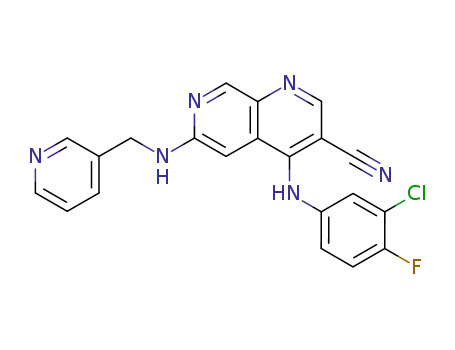 Molecular Structure of 871307-18-5 (4-[(3-Chloro-4-fluorophenyl)amino]-6-[(3-pyridinylmethyl)amino]-1,7-naphthyridine-3-carbonitrile)