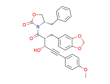 Molecular Structure of 647029-26-3 (2-Oxazolidinone,
3-[(2R,3R)-2-(1,3-benzodioxol-5-ylmethyl)-3-hydroxy-5-(4-methoxyphen
yl)-1-oxo-4-pentynyl]-4-(phenylmethyl)-, (4S)-)