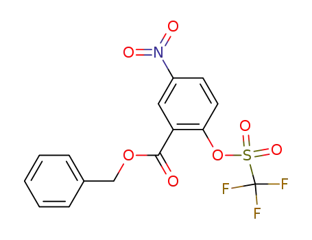 Molecular Structure of 239463-01-5 (Benzoic acid, 5-nitro-2-[[(trifluoromethyl)sulfonyl]oxy]-, phenylmethyl
ester)