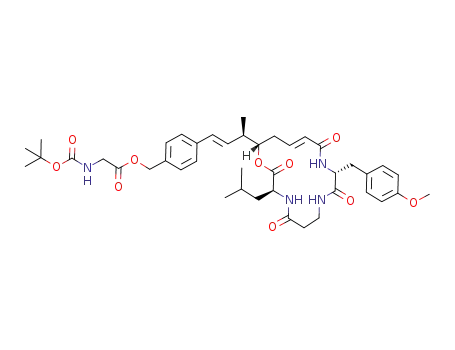 Molecular Structure of 916452-55-6 (<i>tert</i>-butoxycarbonylamino-acetic acid 4-{3-[3-isobutyl-10-(4-methoxy-benzyl)-2,5,9,12-tetraoxo-1-oxa-4,8,11-triaza-cyclohexadec-13-en-16-yl]-but-1-enyl}-benzyl ester)